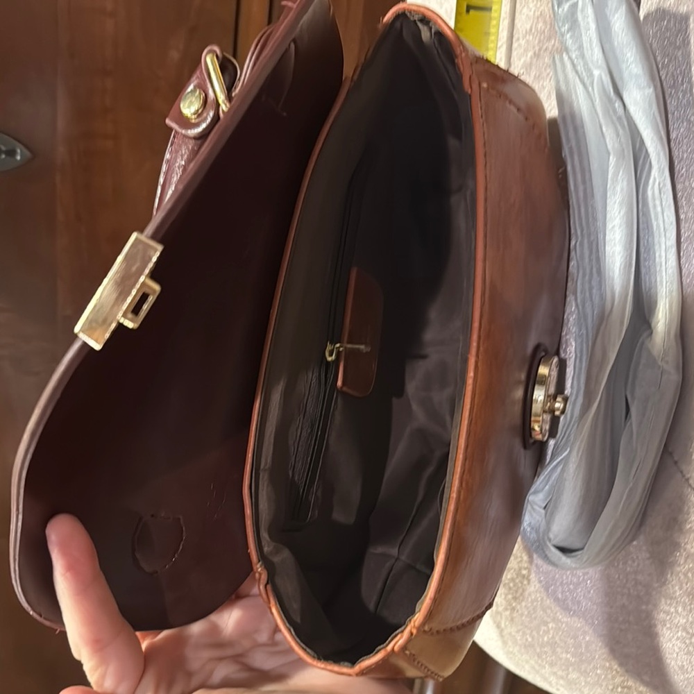 Brown Vegan Leather Clutch with Decorative Clasp and Structured Design - Picture 5 of 9